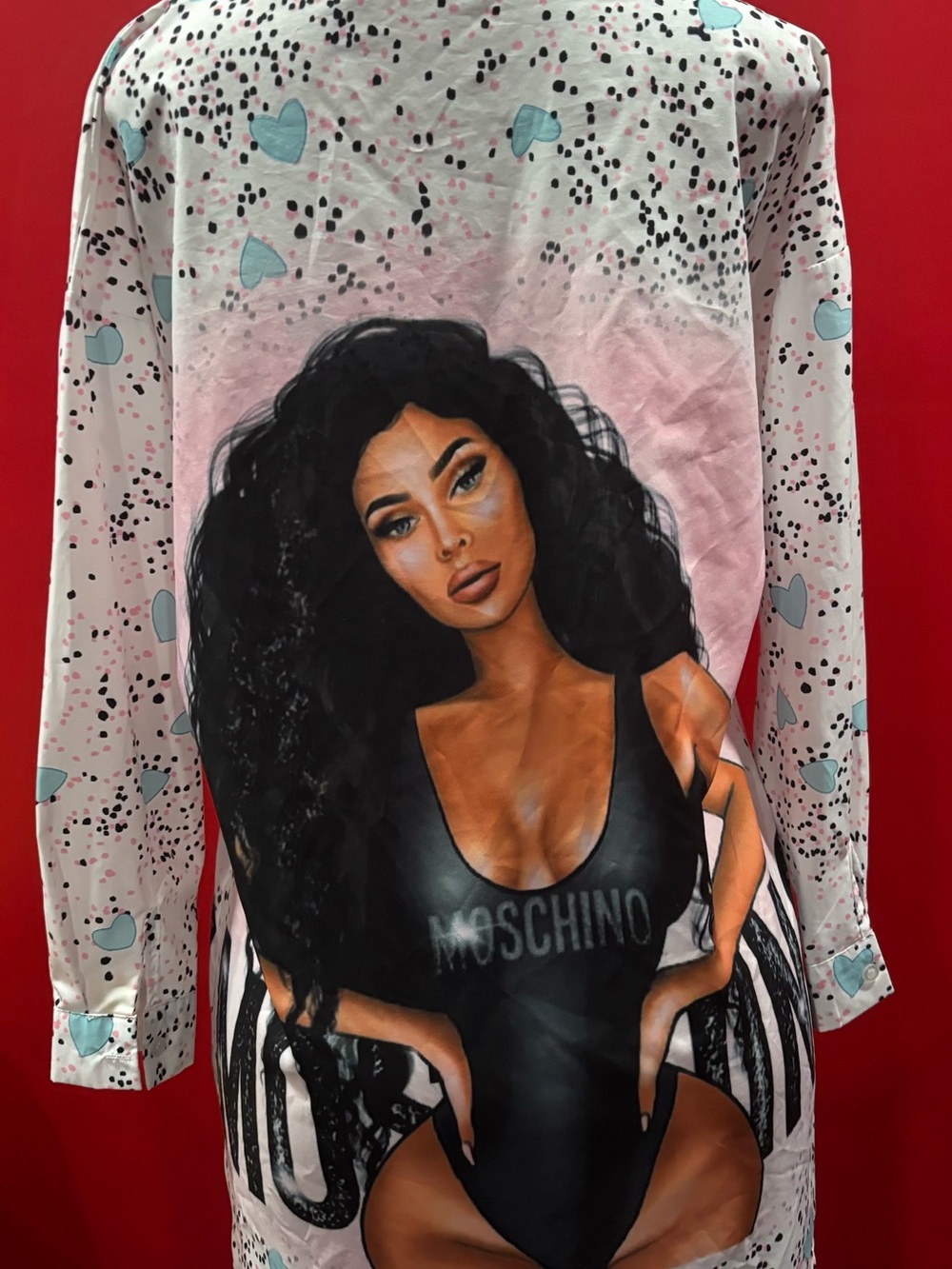 Moschino Pink and Black Button-Down Shirt dress with Graphic Woman Print - Picture 3 of 4